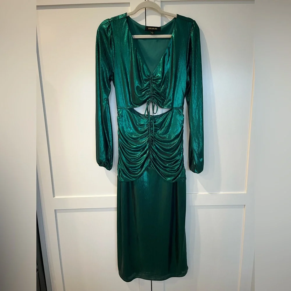 Sugarlips Cannes Liquid Satin Ruched Cut Out Green Midi Dress | Large